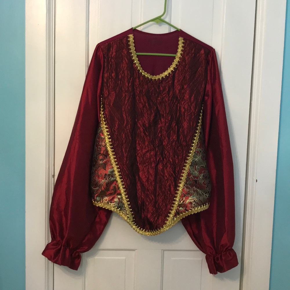 Men’s burgundy costume shirt, royal inset & trim